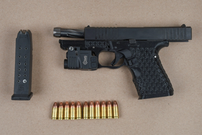 A Glock custom-style handgun allegedly seized during a July 17, 2025 traffic stop in Brampton.