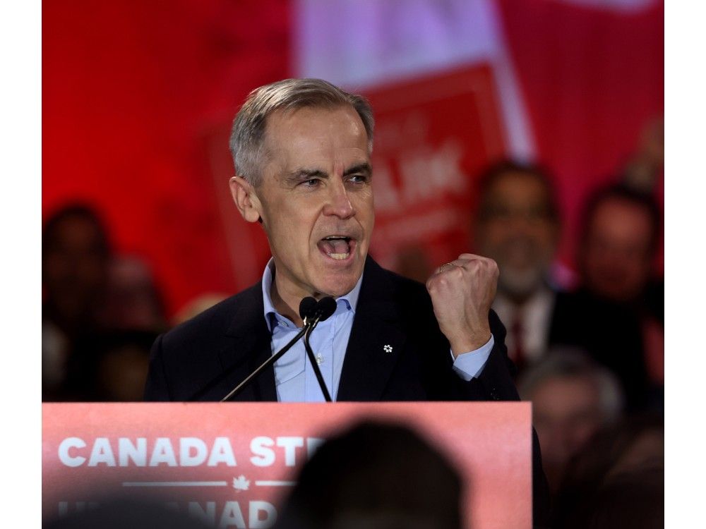 Prime Minister Mark Carney during a rally at the Red and White Club in Calgary on Tuesday, April 8, 2025.  
