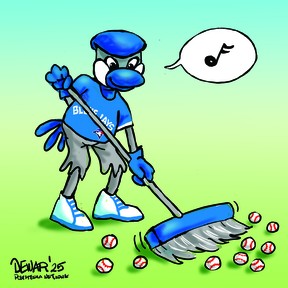 A cartoon of a singing, smiling Blue Jay sweeping up baseballs.