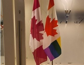 The Canadian flag with an altered Canadian flag at the consulate in Hong Kong. SUPPLIED FOR JOE WARMINGTON COLUMN