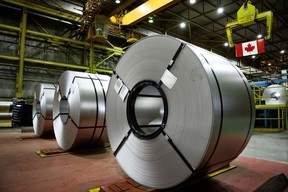 Spools of steel at an ArcelorMittal Dofasco facility in Hamilton, Ont., March 12, 2025.