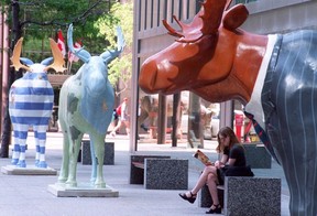 Monica Nassar of Toronto takes a break from work and reads a book amongst the quiet, yet well-dressed, moose along Bay Street, just south of King.
