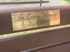 NEVER FORGOTTEN: A bench with a plaque in Nicole Morins honour. BRAD HUNTER/ TORONTO SUN