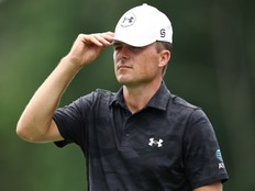 Jordan Spieth looks on from the ninth green during the first round of the Wyndham Championship at Sedgefield Country Club on July 31, 2025.