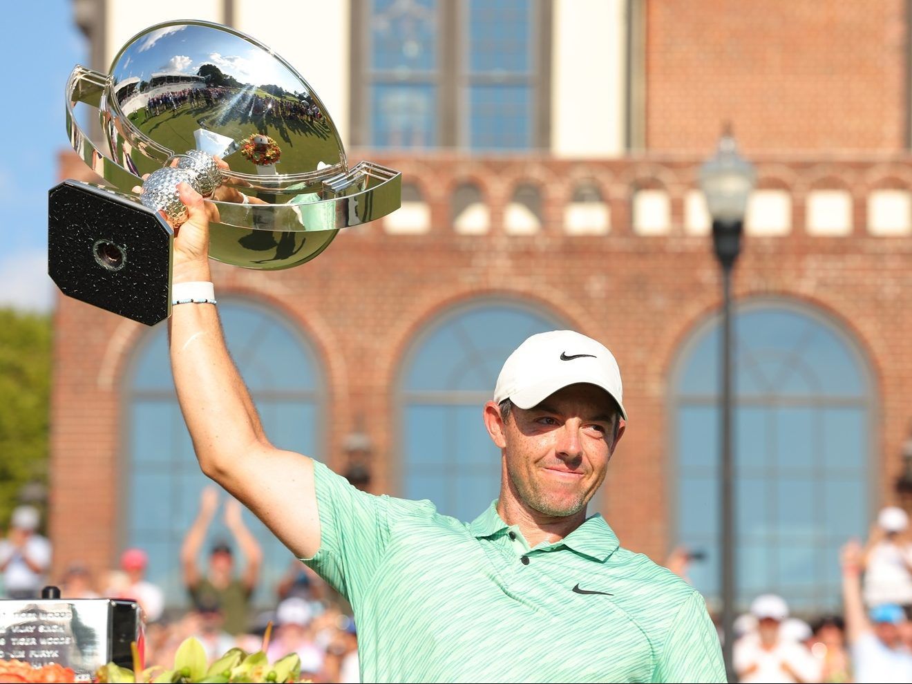 Rory McIlroy of Northern Ireland celebrates with the FedEx Cup after winning during the final round of the Tour Championship at East Lake Golf Club on Aug. 28, 2022, in Atlanta, Ga.