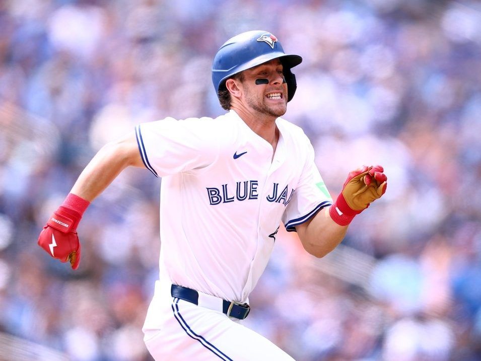 Ernie Clement of the Toronto Blue Jays runs to first base after hitting a single against the Kansas City Royals last year.