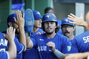 Addison Barger #47 of the Toronto Blue Jays celebrates after scoring on a RBI single in the third inning against the Pittsburgh Pirates at PNC Park on August 18, 2025 in Pittsburgh, Pennsylvania. (Photo by Justin K. Aller/Getty Images)