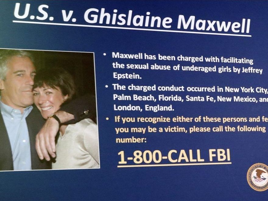 A board outlining the case against Ghislaine Maxwell is seen during a news conference to announce charges against Maxwell for her alleged role in the sexual exploitation and abuse of multiple minor girls by Jeffrey Epstein, July 2, 2020, in New York. 