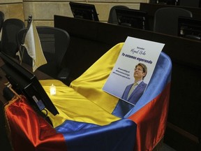A leaflet showing Colombian Sen. Miguel Uribe Turbay