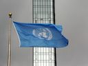 The UN flag flies on a stormy day at the United Nations during the United Nations General Assembly on Sept. 22, 2022.