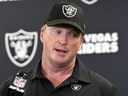 FILE - Las Vegas Raiders head coach Jon Gruden speaks with the media following an NFL football game against the Pittsburgh Steelers in Pittsburgh, Sept. 19, 2021.