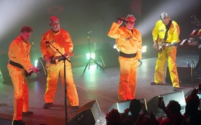 Gerald Casale, from left, Josh Hager, Mark Mothersbaugh and Bob Mothersbaugh of Devo perform on Jan. 22, 2024, in Park City, Utah.