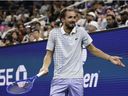 Daniil Medvedev, of Russia, reacts during a match against Benjamin Bonzi, of France, in the first-round of the U.S. Open tennis championships, Sunday, Aug. 24, 2025, in New York.