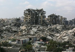 Buildings destroyed in Israeli strikes surround makeshift shelters for displaced Palestinians in Gaza City on August 8, 2025Bashar TALEB/AFP