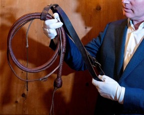 Indiana Jones’ bullwhip and belt from 1989 film “Indiana Jones and the Last Crusade”. NIKLAS HALLE’N/AFP