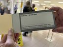 The adapted ballot used in the Battle River-Crowfoot federal byelection is seen at an advance polling station in Camrose, Alta., on Friday, Aug. 8, 2025.