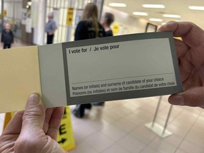 The adapted ballot used in the Battle River-Crowfoot federal byelection is seen at an advance polling station in Camrose, Alta., on Friday, Aug. 8, 2025. THE CANADIAN PRESS/Fakiha Baig