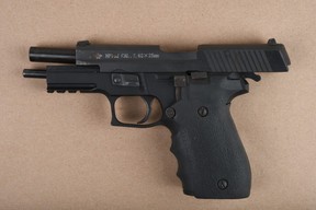 This is the gun Peel Police allege was in the car being driven by Boysie Alexander Murray in 2022. This evidence was ruled to be in violation of the Charter of Rights and Freedoms and excluded from the case and the accused did not face trial for eight charges following a judge’s ruling — Peel Police photo
