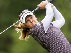 Brooke Henderson tees off on the third hole during the third round of the CPKC Women’s Open at the Mississauga Golf and Country Club in Mississauga, Ont., Saturday, Aug. 23, 2025.