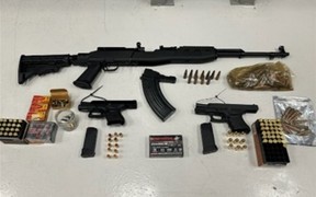 Drug Squad officers arrested three men after executing three search warrants in Scarborough and seizing a stash of drugs, five firearms – three handguns, a rifle and a shotgun – and lots of ammunition on Aug. 11 and Aug. 14, 2025.