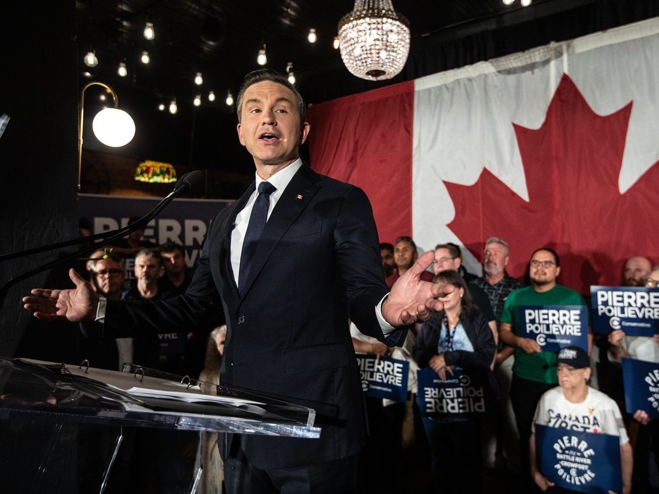 Conservative Leader Pierre Poilievre celebrates his win in the Battle River--Crowfoot byelection in Camrose, Alta., Monday, Aug. 18, 2025. 