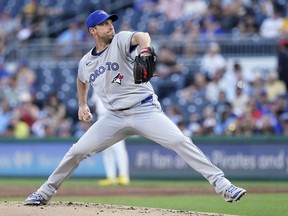 Blue Jays pitcher Max Scherzer delivers during the first inning of a baseball game against the Pittsburgh Pirates Tuesday, Aug. 19, 2025, in Pittsburgh.