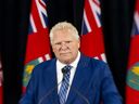 Ontario Premier Doug Ford speaks to the media during a funding announcement in Hamilton, Ont., Wednesday, Aug. 20, 2025.