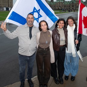 Rami Davidian, left, Amit Parizer, Romi Harari and Zohar Rubinstein at Parliament Hill in Ottawa, Ont. on Thursday, Aug. 28 2025. Davidian saved hundreds of lives at the Nova Music Festival during the Oct. 7 terror attacks, including Parizer, Harai and Rubinstein. The group were in Ottawa as part of Tel Aviv University Canada’s Trauma to Triumph program. BRYAN PASSIFIUME/TORONTO SUN