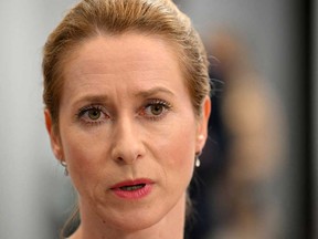 Kaja Kallas, the European Union's high representative for foreign affairs and security policy and vice president of the European Commission talks to journalists before the EU-Southern Neighbourhood Ministerial Meeting in Brussels on July 14, 2025.