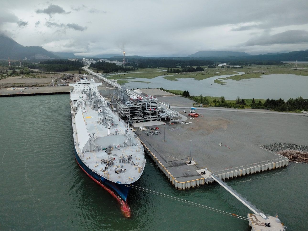 The LNG tanker GasLog Glasgow arrives at LNG Canada's shipping terminal in Kitimat, B.C., on June 28, 2025, to begin loading the first export cargo of super-cooled liquefied natural gas for delivery to Asia. 