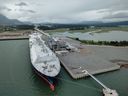 The LNG tanker GasLog Glasgow arrives at LNG Canada's shipping terminal in Kitimat, B.C., on June 28, 2025, to begin loading the first export cargo of super-cooled liquefied natural gas for delivery to Asia.