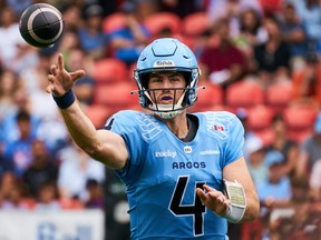 Argonauts quarterback Nick Arbuckle passes during first half CFL action against the Lions in Toronto, Saturday, Aug. 23, 2025.