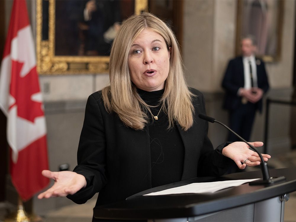Conservative MP Michelle Rempel Garner holds a news conference in Ottawa, Friday, Feb. 21, 2025. 