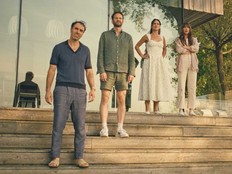 This image released by Neon shows, from left, Michael Angelo Covino, Kyle Marvin, Adria Arjona, and Dakota Johnson in a scene from "Splitsville."