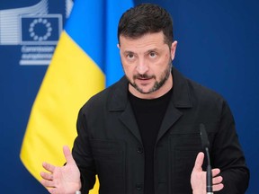 Ukraine's President Volodymyr Zelenskyy speaks during a media conference at EU headquarters in Brussels, Belgium, Sunday, Aug. 17, 2025.