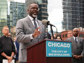 Chicago Mayor Brandon Johnson speaks during a news conference at River Point Park, Monday, Aug. 25, 2025, in Chicago.