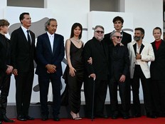 U.S. producer Scott Stuber, French film composer Alexandre Desplat, British actress Mia Goth, Mexican director and producer Guillermo Del Toro, Guest, U.S. actor Jacob Elordi, U.S. actor Oscar Isaac and Austrian actor Felix Kammerer attend the red carpet for the movie "Frankenstein" presented in competition at the 82nd International Venice Film Festival, at Venice Lido on Aug. 30, 2025.