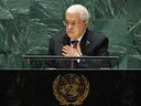 Mahmoud Abbas, President of Palestine, places his hand on his heart as he pauses while speaking during the United Nations General Assembly (UNGA) at the United Nations headquarters on Sept. 26, 2024 in New York City.