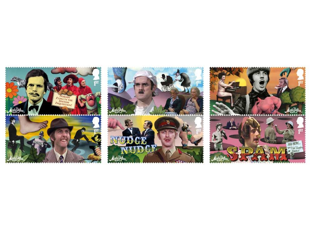 This photo provided by the Royal Mail on Wednesday Aug. 6, 2025 shows Monty Python stamps issued to celebrate the 50th anniversary of their Holy Grail film.