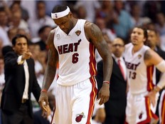 LeBron James of the Miami Heat reacts as head coach Erik Spoelstra points in the fourth quarter against the San Antonio Spurs during Game 1 of the 2013 NBA Finals.