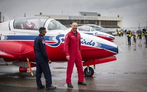 Canadian Forces Snowbirds Team lead Maj. Brent Handy (right) and MCpl. Justin Shantidatt, Deputy Crew Chief, at the Canadian International Air Show media day at Toronto Pearson International Airport on Thursday, Aug. 28, 2025. The Canadian International Air Show runs from Saturday, Aug. 30 to Monday, Sept. 1 at the CNE. Ernest Doroszuk/Toronto Sun/Postmedia