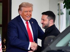 President Donald Trump, left, greets Ukraine's President Volodymyr Zelenskyy as he arrives at the White House, Monday, Aug. 18, 2025, in Washington.