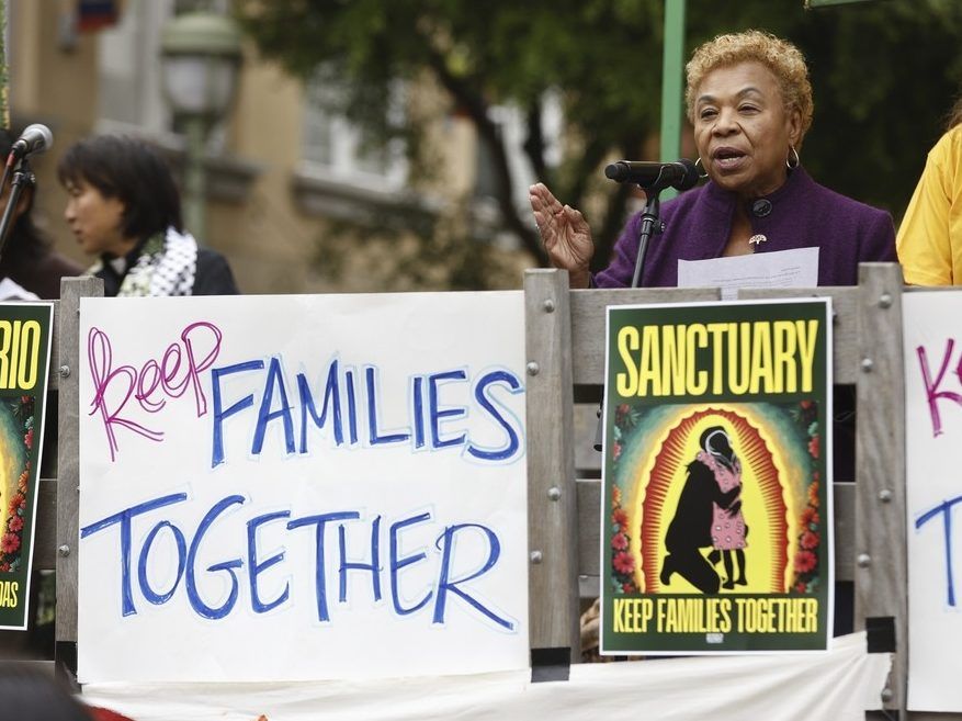 Oakland Mayor Barbara Lee speaks during a vigil held at Fruitvale Station to show solidarity with demonstrations against ICE raids, in Oakland, Calif., on Tuesday, June 10, 2025.