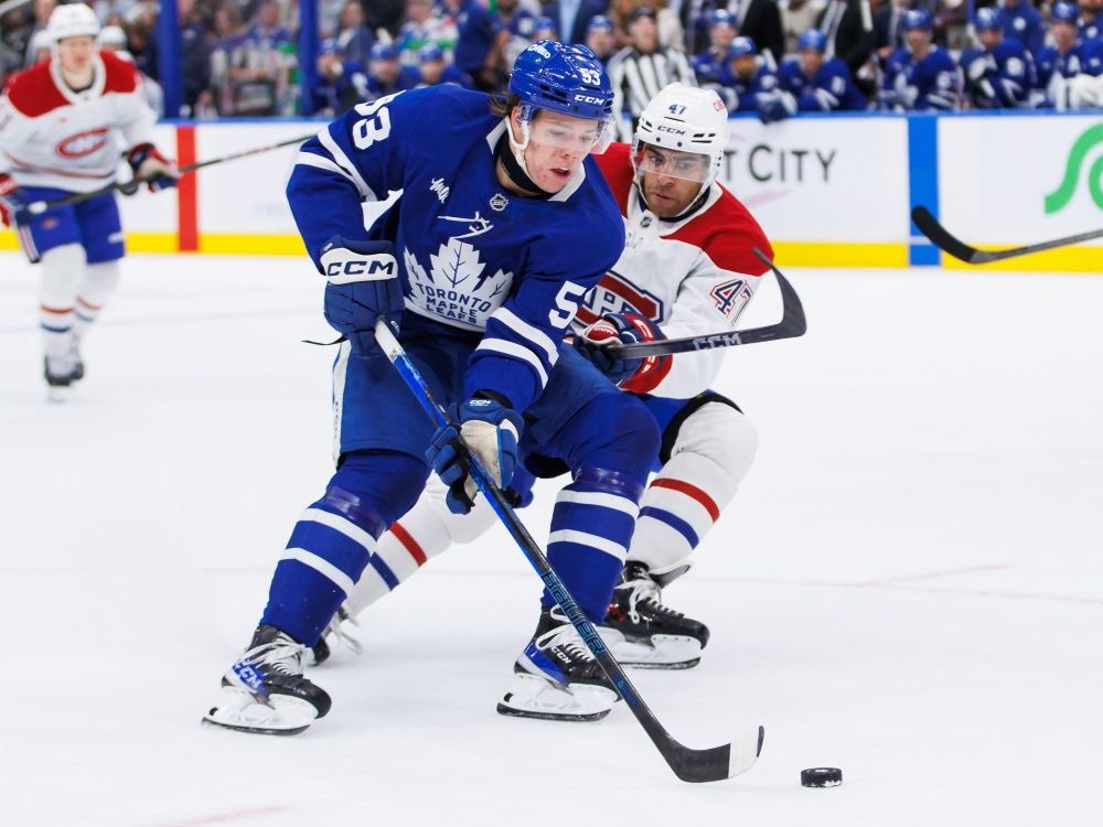 Montreal Canadiens' Jayden Struble (47) checks Toronto Maple Leafs' Easton Cowan during a pre-season game last year.
