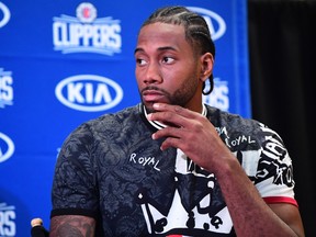 Kawhi Leonard speaks during an L.A. Clippers press conference in 2019.