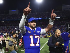 Buffalo Bills quarterback Josh Allen (17) celebrates the team's win over Baltimore Ravens.