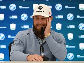 Tyrrell Hatton speaks to the media during a press conference ahead of the BMW PGA Championship 2025 on September 10, 2025.