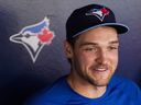 Pitching prospect Trey Yesavage of the Toronto Blue Jays speaks to the media after being called up to the Major Leagues before his team's game against the Baltimore Orioles at the Rogers Centre on Sept. 14, 2025 in Toronto.