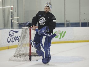 Toronto Maple Leafs goaltender Anthony Stolarz skates out of the net at practice last week.