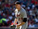 Tarik Skubal of the Detroit Tigers celebrates a strikeout in the seventh inning against the Cleveland Guardians.